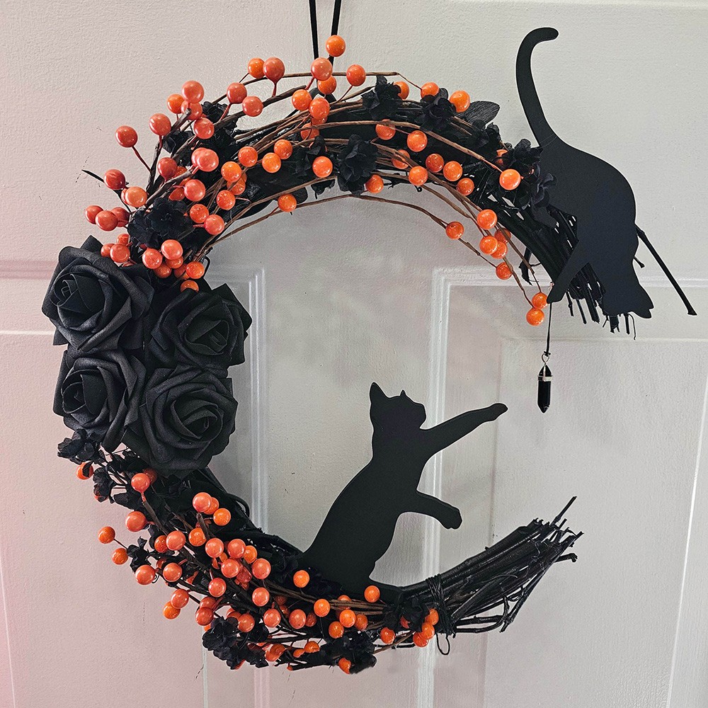 Black Cat Moon Wreath For Wall Decor